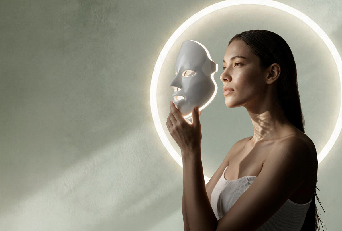 Woman holding a white LED light therapy mask with illuminated halo behind her