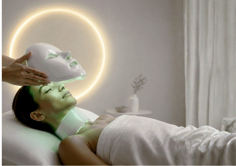 EOS-X treatment in progress, the mask lowered onto a patient beneath a halo light