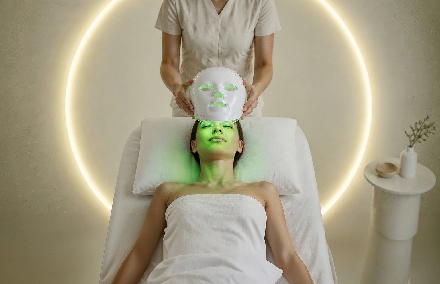 A therapist placing the PRO by Déesse PRO mask on a client in a treatment room
